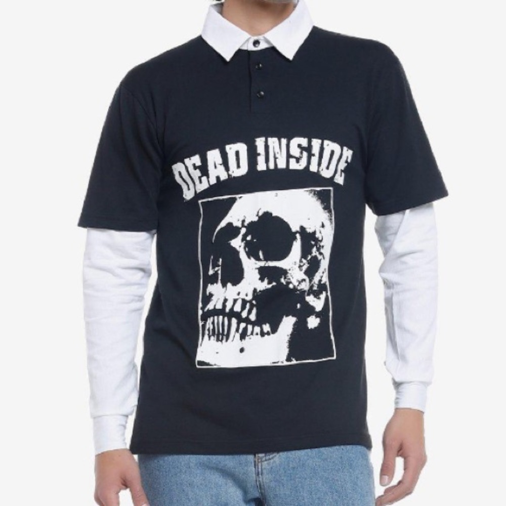 Dead Inside Skull Twofer Long Sleeve Polo Shirt Hot Topic Halloween‎ Horror